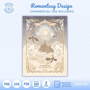 May include: A digital artwork with a fantasy theme. The design features a castle, dragons, and the text "FLY OR DIE" and "THE RIGHT WAY ISN'T THE ONLY WAY". The color palette includes gold, beige, and gray tones. The artwork is labeled "Romantasy Design".