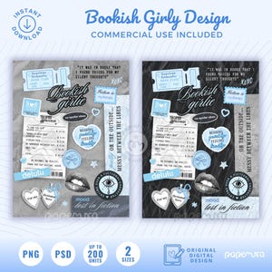 May include: Two digital collage designs featuring light blue and black themes with book-related graphics. Elements include a ticket, a receipt, a heart-shaped locket, lips, an eye icon, and text such as Bookish girlie, Fiction is my therapy, and lost in fiction.