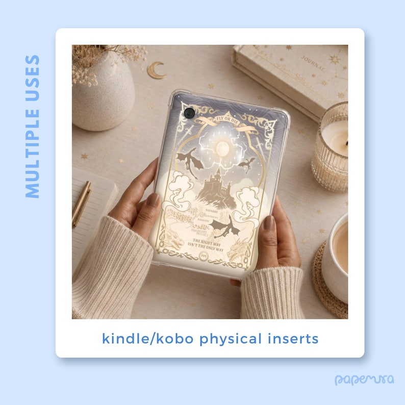 May include: A clear Kindle/Kobo case with a fantasy-themed design. The case features a castle, dragons, and the text "FLY OR DIE" and "THE RIGHT WAY ISN'T THE ONLY WAY." The case is held by a person wearing a beige sweater.