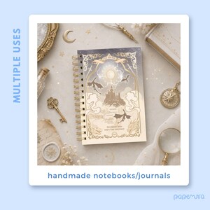 May include: A spiral-bound notebook with a fantasy-themed cover featuring a castle, dragons, and the text "FLY OR DIE" and "THE RIGHT WAY ISN'T THE ONLY WAY." The notebook is surrounded by decorative items, including a key and a magnifying glass. The text "handmade notebooks/journals" is at the bottom.