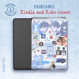 May include: Printable Kindle and Kobo insert with a collage design. The insert features illustrations of two men, hockey-themed graphics, and the text "I might knock". The design is predominantly blue and white, with measurements in centimetres.