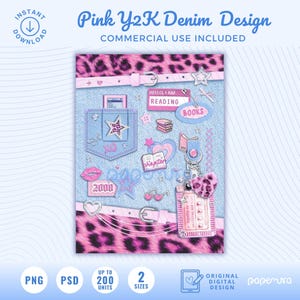 May include: A digital design titled "Pink Y2K Denim Design" featuring a light blue denim background with pink leopard print accents. The design includes various Y2K-themed elements like stars, hearts, and the text "HELLO, I AM READING BOOKS".