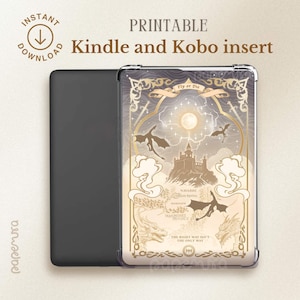 Op de afbeelding: Printbare Kindle- en Kobo-inleg met een fantasieontwerp met draken, een kasteel en de tekst "Fly or Die". Het ontwerp heeft een goud- en beige kleurenschema, met "Instant Download" bovenaan. Voor e-readers.