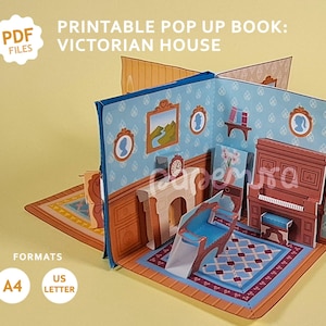 Sjabloon pop-upboek Victoriaans poppenhuis: pdf | DIY afdrukbare miniatuur met meubels voor 4 kamers | Digitale download