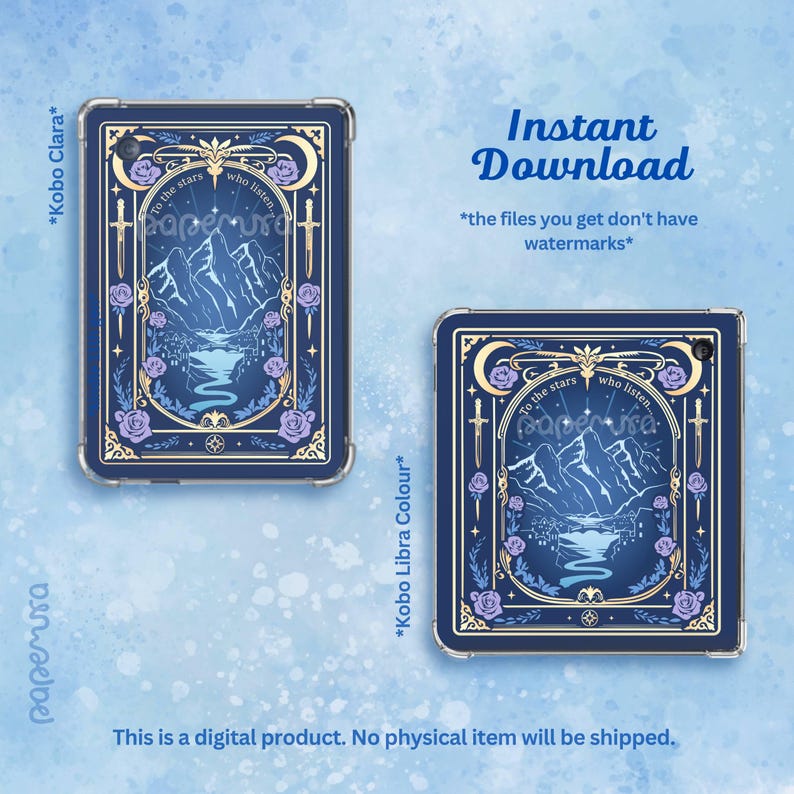 May include: Two tablet cases with a dark blue design featuring a mountain landscape, roses, and the text "To the stars who listen." The cases have gold and purple accents. The words "Instant Download" are also visible.