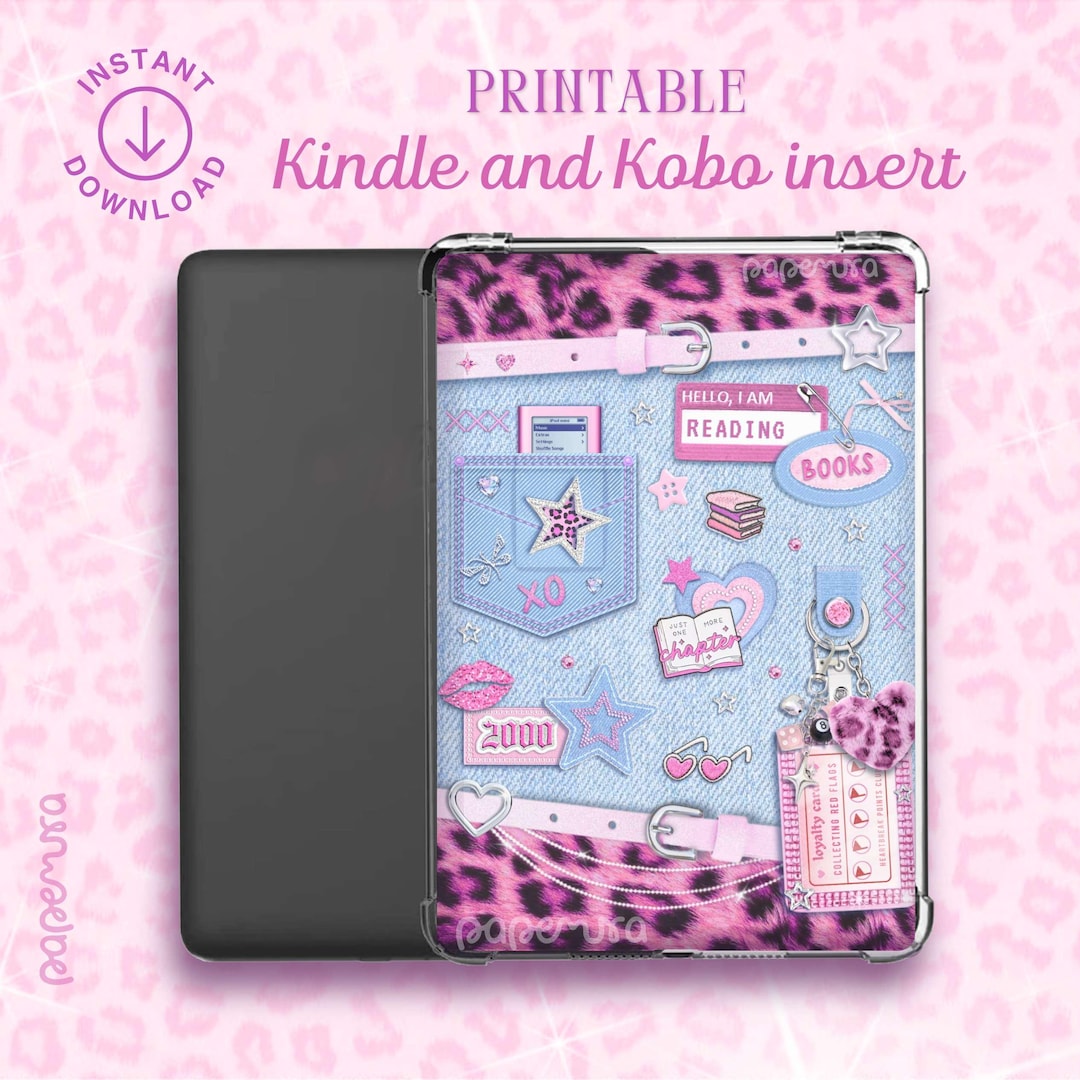 Pink Y2K Denim Kindle Insert | Clear Case Kindle Decor | Printable ...