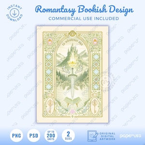 May include: A digital illustration featuring a central sword with antlers and a crown, positioned above an open book. The scene includes a castle on a mountain, framed by ornate gold and green borders with keys and hearts, and the text to whatever end.