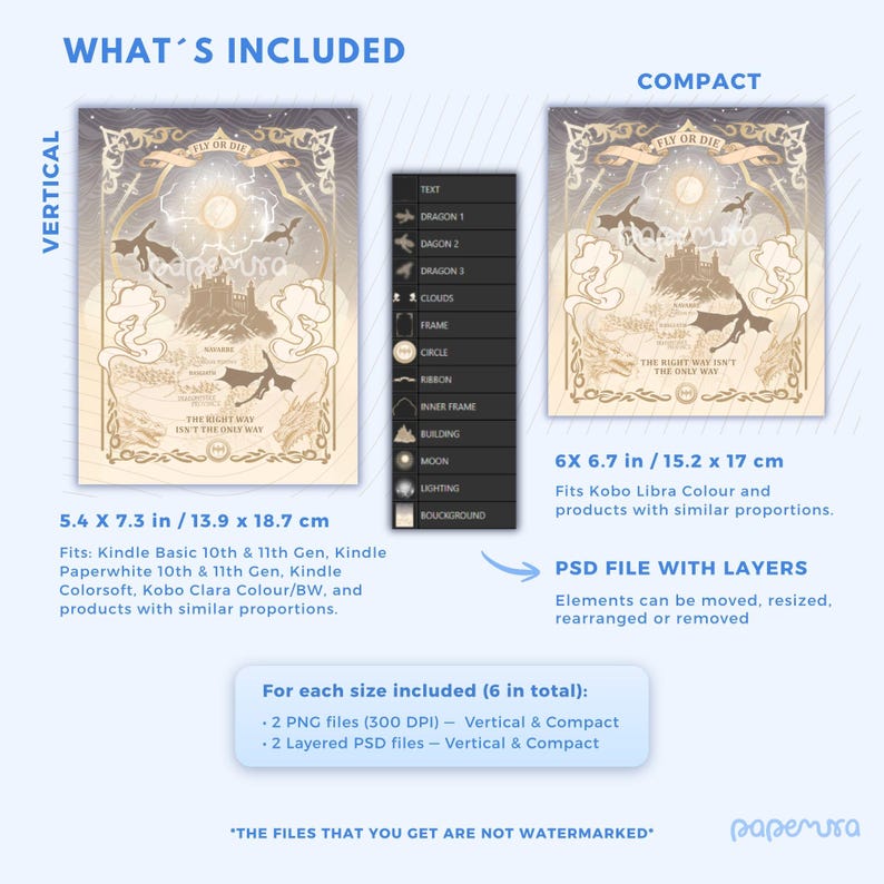 May include: Digital art print featuring a fantasy castle scene with dragons, clouds, and the text "Fly or Die." Includes vertical and compact sizes, 5.4 x 7.3 inches and 6 x 6.7 inches, respectively. PSD file with layers.