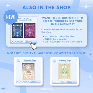 May include: Digital art designs with a commercial license are featured. The image showcases product mockups with the text "ALSO IN THE SHOP" and "NEW!". The designs include PSD and SVG editable files, PNG in high quality, and up to 200 physical units.