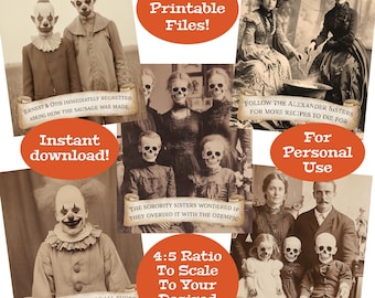 Ensemble d'affiches d'Halloween effrayantes et amusantes : clowns vintage, crânes, sorcières (téléchargement numérique)
