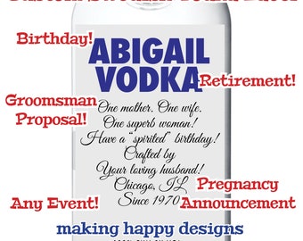 Swedish Vodka Label Customized For Birthday, Graduation, Retirement, Bridesmaid/Groomsman Proposal, More