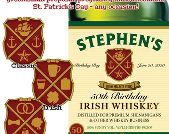 Personalized Vinyl Irish Whiskey Label For Birthday, Retirement, Bridesmaid/Groomsman Proposal, Pregnancy Announcement