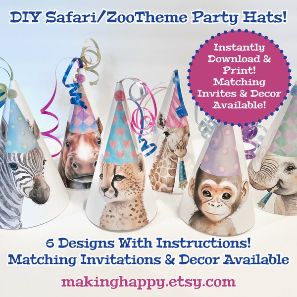 DIY Safari, Zoo Theme Boy's or Girl's Birthday Party Hats For Party Animals - Instant Download YOU PRINT & Make w/Instructions Monkey, Zebra