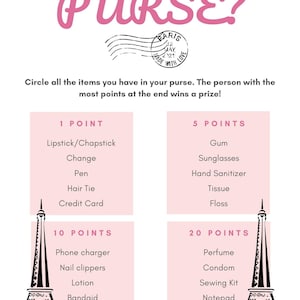 Paris Theme What&#39;s in your Purse? Bridal Shower Party Game