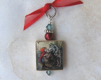 Little Red Riding Hood Big Bad Wolf Vintage Scrabble Charm Pendant