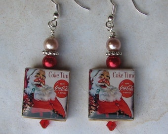 Vintage Coca Cola Santa Christmas Scrabble Charm Earrings