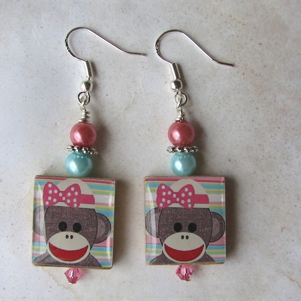 Sock Monkey in Pink Charm Earrings