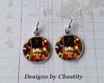 Nutcracker Earrings Platinum Drops Glass Altered Art Dangle