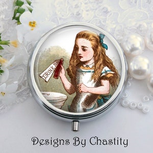 Alice in Wonderland Pill Case - Drink Me Choice of 1 or 3 Day Pill Organizer - Travel Purse Pill Holder