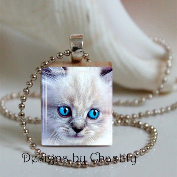 Blue Eyes Cat Scrabble Necklace Scrabble -  Pendant Chain Included