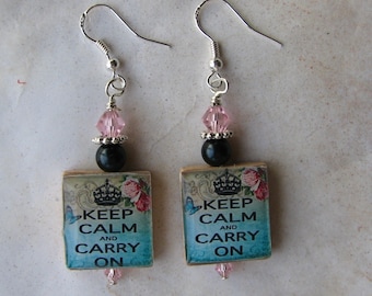 Keep Calm and Carry On Pink Rose and Butterfly Charm Earrings