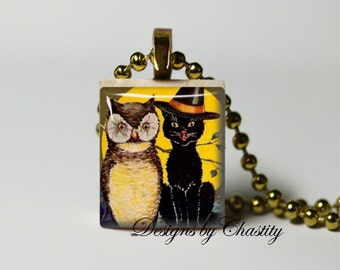 Owl Black Cat Halloween Scrabble Charm Necklace