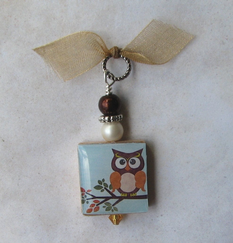 Owl on a Branch Autumn Charm Pendant