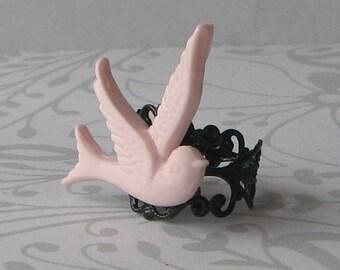 Pink Sparrow on a Black Filigree Ring