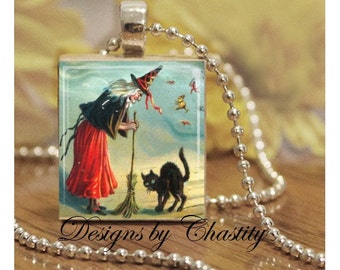 Black Cat & Witch Scrabble Charm Pendant