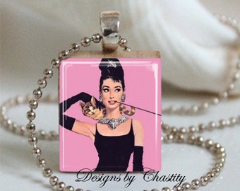 Audrey Hepburn Charm Necklace Pink Breakfast at Tiffany's Scrabble Pendant