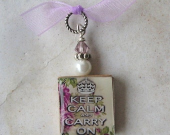 Keep Calm and Carry On Lavender Rose Charm Pendant