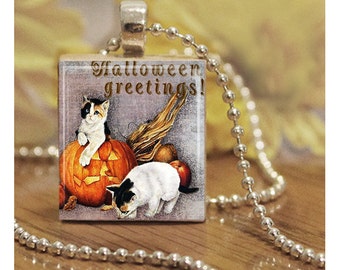 Halloween Greetings Kitty Cats Scrabble Charm Necklace