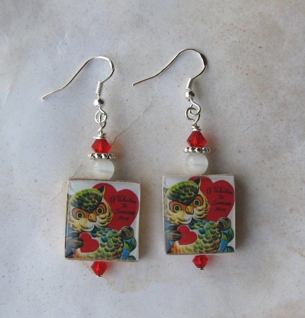 Valentine Owl Red Heart Image Charm Earrings