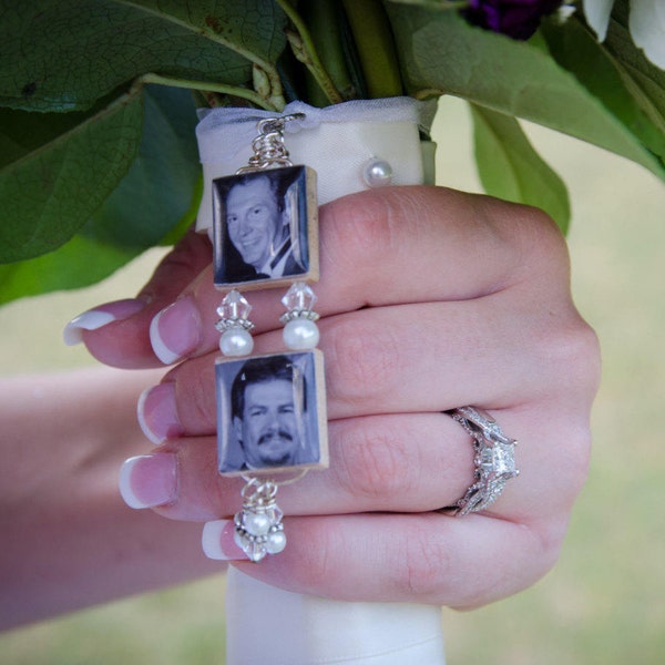 Two Tiered Bridal Bouquet Photo Charm - Double Sided - wedding bouquet charm, bride bouquet charm, memorial bridesmaid bouquet charm, Memory