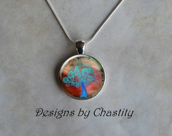 Swirly Teal Tree Necklace - Abstract Artistic Glass Art Bezel Round Pendant Rainbow Background