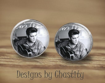 Elvis Presley Earrings - Glass Altered Art Bezel Stud Post