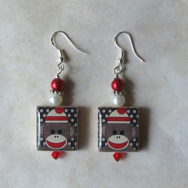 Sock Monkey in Red Charm Earrings