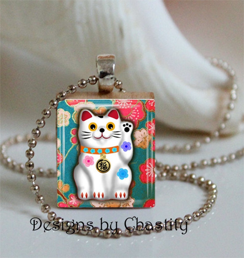 Lucky Cat Necklace Scrabble Charm Washi image 1