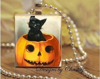 Black Cat in a Pumpkin Scrabble Charm Necklace