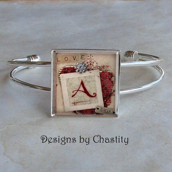 Personalized Heart "Love Dream"  Cuff Bangle Bracelet - Glass Art Image - Custom Letter