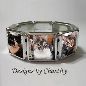 Puede incluir: Una pulsera plateada con tres paneles cuadrados, cada uno mostrando un retrato de gato diferente. Los gatos tienen varios patrones y colores de pelaje. El texto "Designs by Chastity" está impreso debajo.