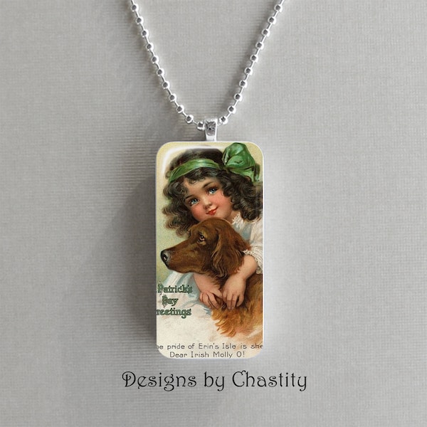 St. Patrick's Day Girl and Irish Setter Domino Necklace
