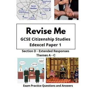 Könnte beinhalten: Ein Lernführer mit dem Titel "Revise Me" für GCSE Citizenship Studies, Edexcel Paper 1. Das Bild enthält Diagramme zu sozialen Identitäten, eine Gruppe von Händen und Illustrationen von Prüfungsszenarien.