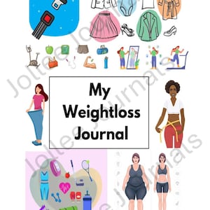 Pode incluir: Uma ilustração colorida da capa de um diário de perda de peso. A capa apresenta uma mulher em diferentes etapas de sua jornada de perda de peso, juntamente com vários ícones de fitness e estilo de vida saudável. O título "Meu diário de perda de peso" é exibido de forma proeminente.