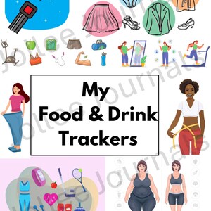 Peut inclure: Une illustration colorée d'un suivi alimentaire et de boissons. L'illustration comprend une variété d'images, notamment une femme mesurant sa taille, une femme avant et après une perte de poids, une femme faisant de l'exercice sur un tapis roulant et une femme utilisant un suivi de forme. Le texte "My Food & Drink Trackers" est affiché au centre de l'image.