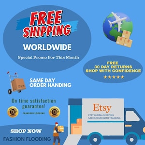 以下が含まれることがあります： 赤と白で「送料無料」と書かれた青いグラフィック。飛行機、配達トラック、小包を運ぶ人のイラストが含まれています。テキストには「世界中」と「当日発送」も含まれています。