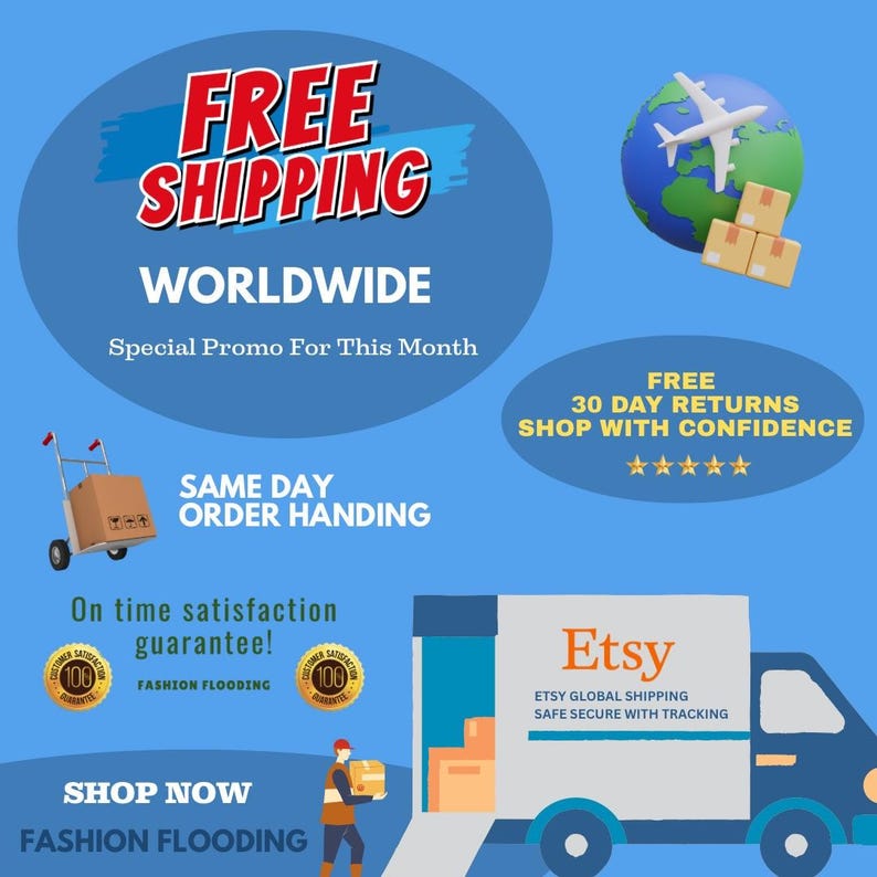 以下が含まれることがあります： 赤と白で「送料無料」と書かれた青いグラフィック。飛行機、配達トラック、小包を運ぶ人のイラストが含まれています。テキストには「世界中」と「当日発送」も含まれています。