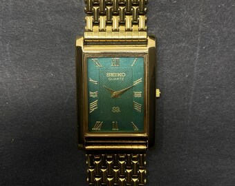 Vintage 1970s Seiko Ladies Mechanical Gold Tone Watch Green 