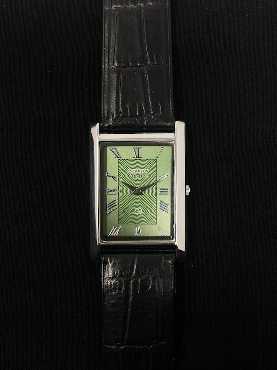 Green Dial Seiko Vintage Slim Tank Quartz Men's Wrist Watch (free