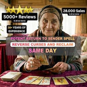 Pode incluir: Uma mulher idosa com um lenço na cabeça e joias segura cartas de tarô. O texto na imagem inclui "5000+ Reviews", "38+ YEARS OF EXPERIENCE", e "POTENT RETURN TO SENDER SPELL REVERSE CURSES AND RECLAIM SAME DAY".